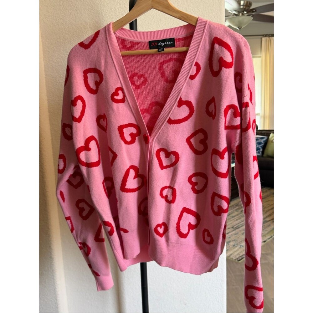33 Degrees Pink Cardigan with Red Heart Print - V-Neck Button Front S